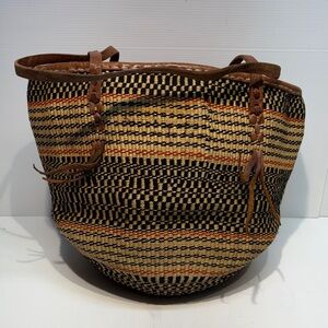 Woven Straw Tote Bag with Leather Trim & Handles - Black & Tan